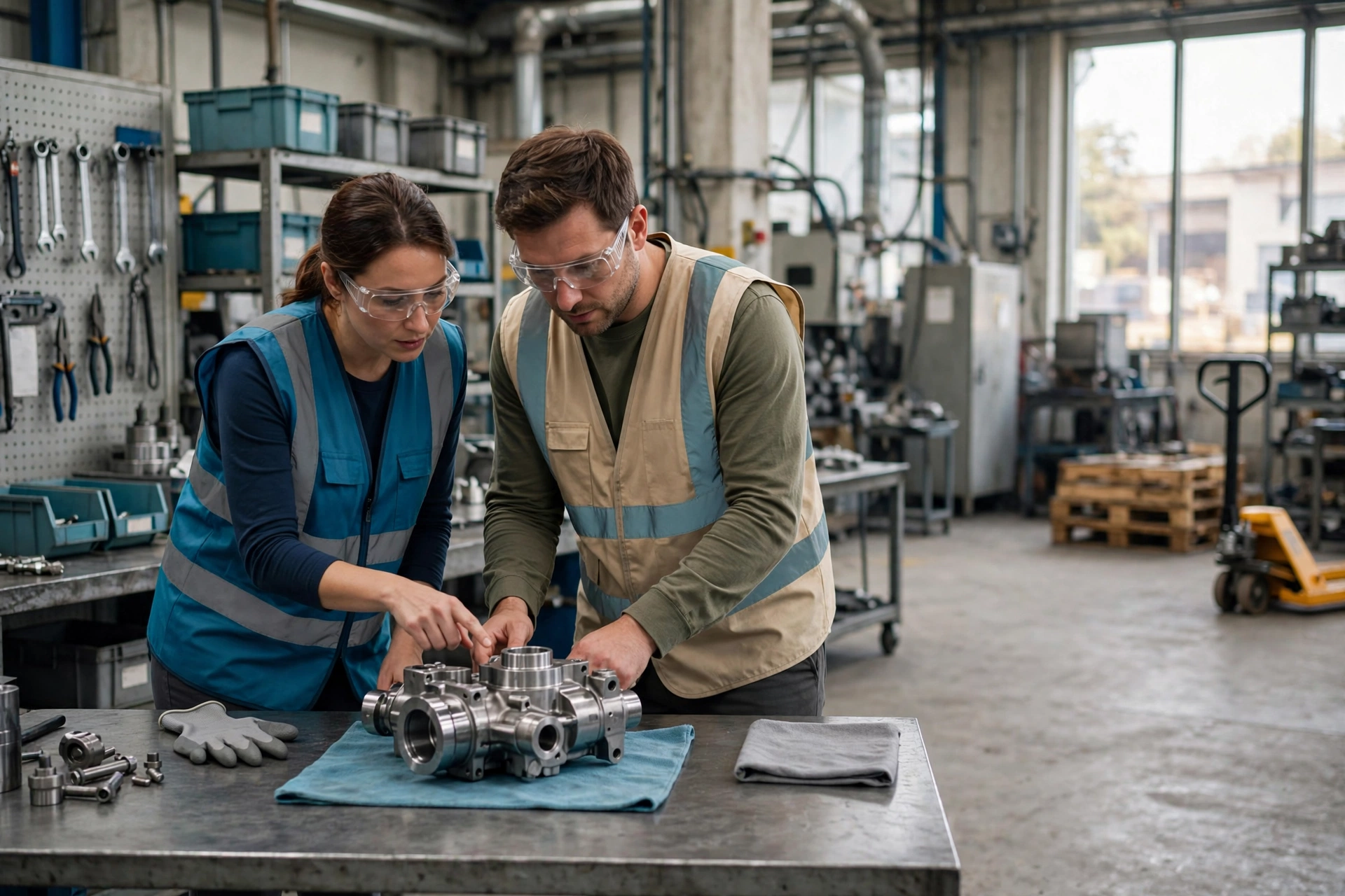 A woman and a man wearing safety glasses and vests inspect a metal component in a factory work cell.