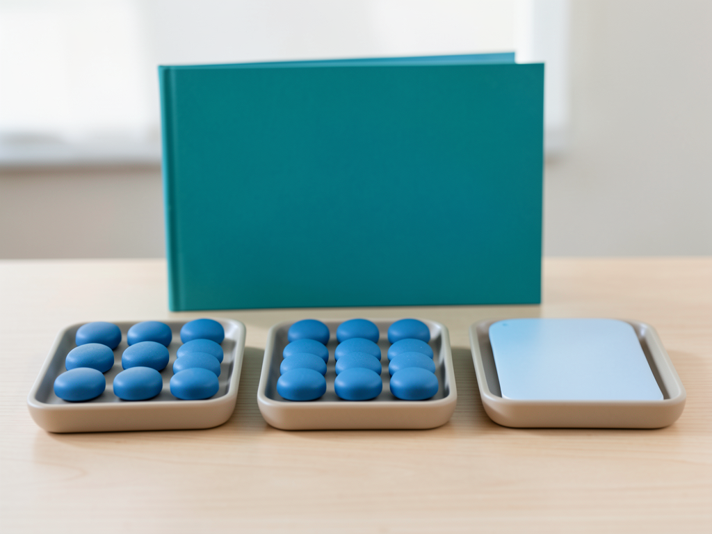 Three shallow trays with blue tokens and a teal folder are arranged on a wooden desk.