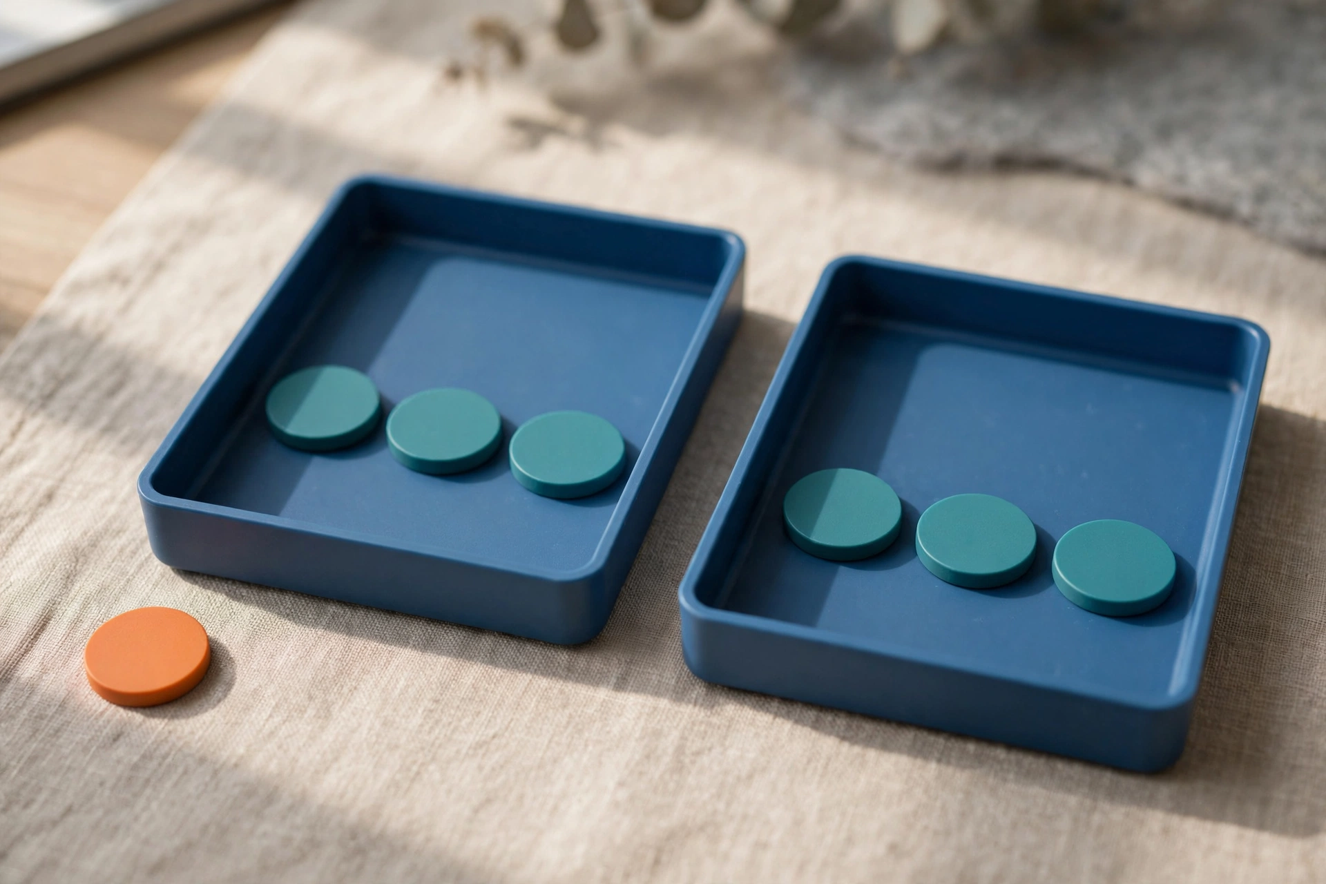 Two blue sorting trays hold teal tokens, with an orange token placed outside the left tray on a textured surface.