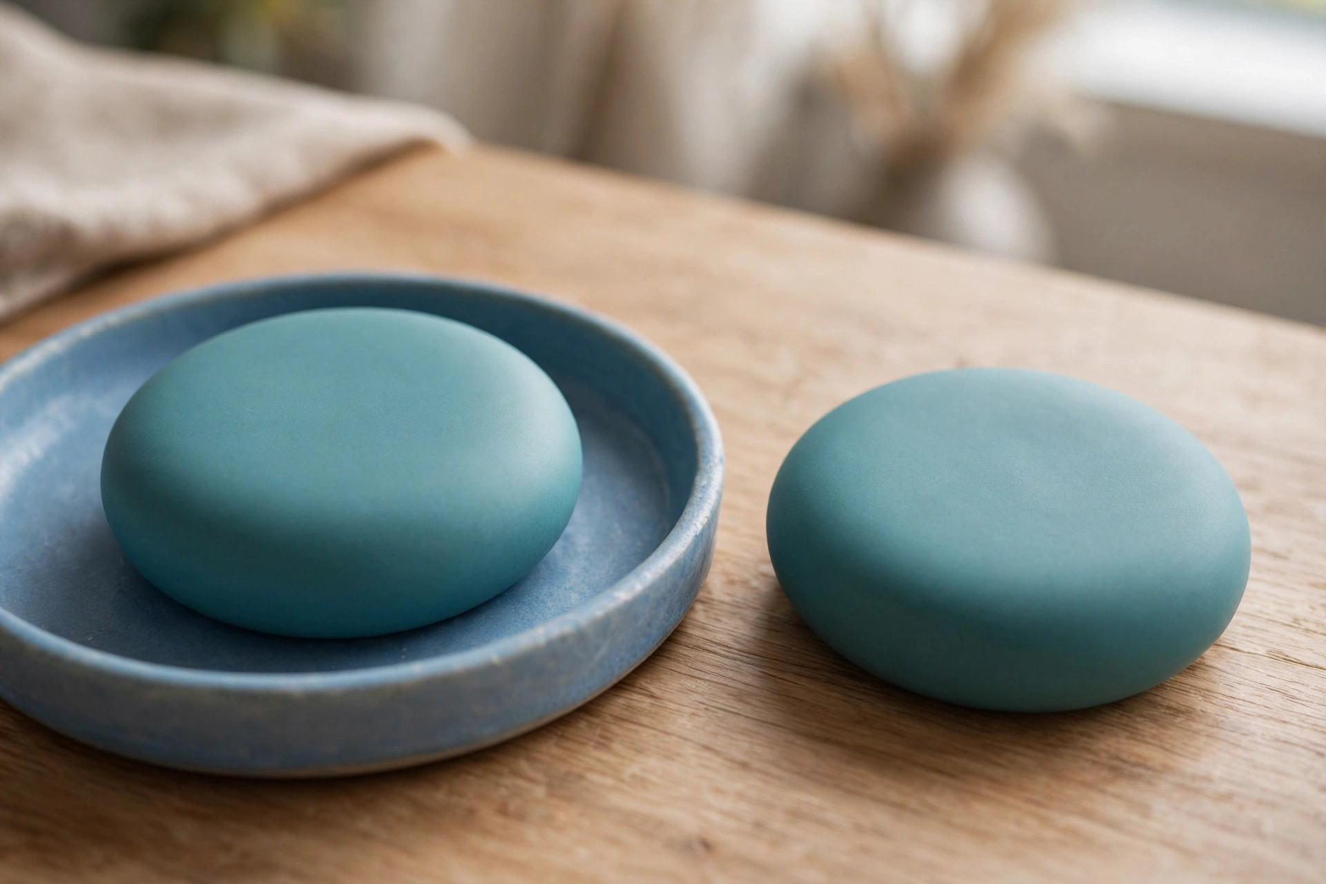 Two identical smooth teal ceramic discs are shown side by side on a wooden surface, with one disc placed inside a shallow blue tray.