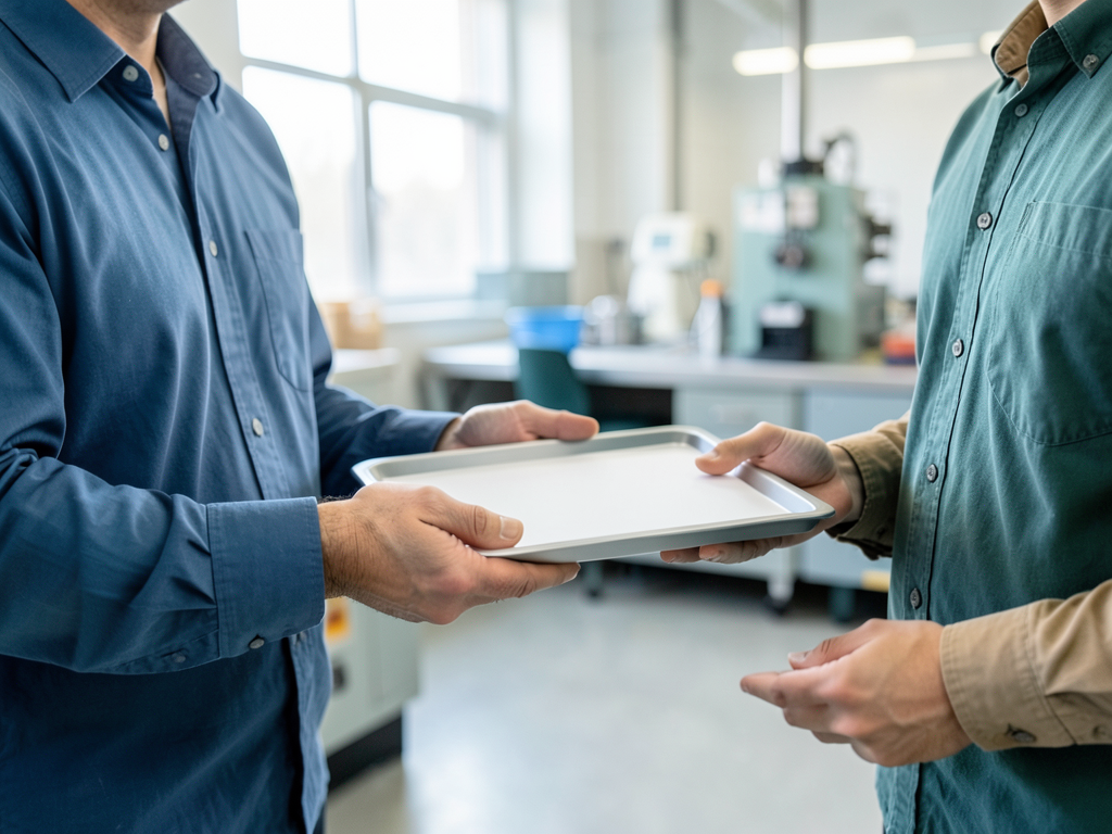 A plant operations colleague hands a sample tray to a customer-facing teammate in a bright manufacturing workshop.