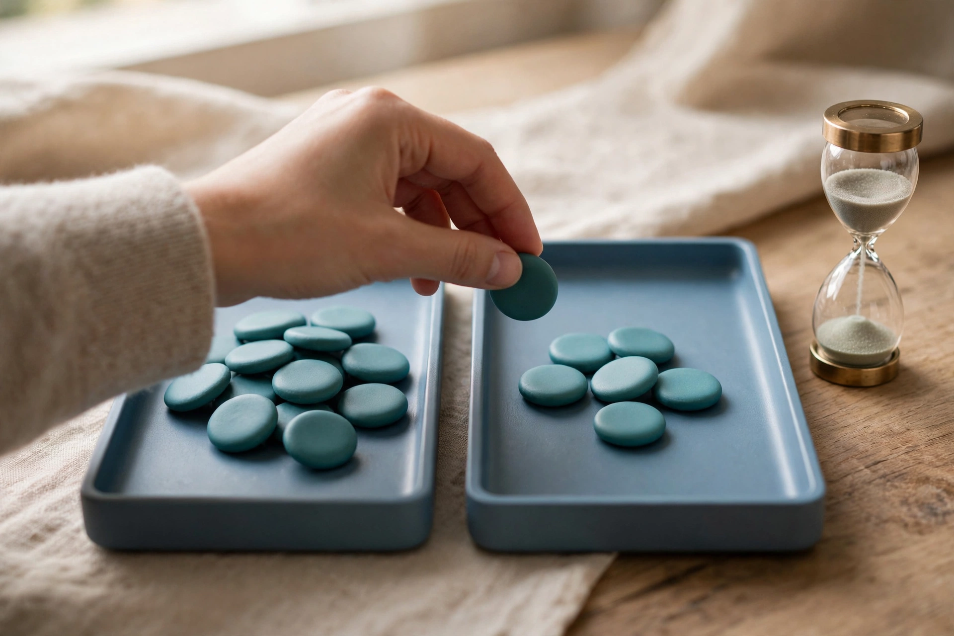 A hand places a teal token into a blue tray next to another tray and an hourglass.