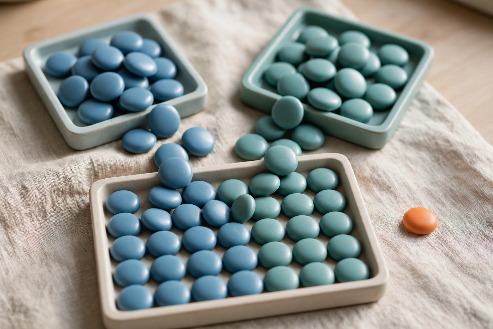 Two square trays of blue and teal tokens are shown, with some tokens spilled out, converging into a single larger tray.