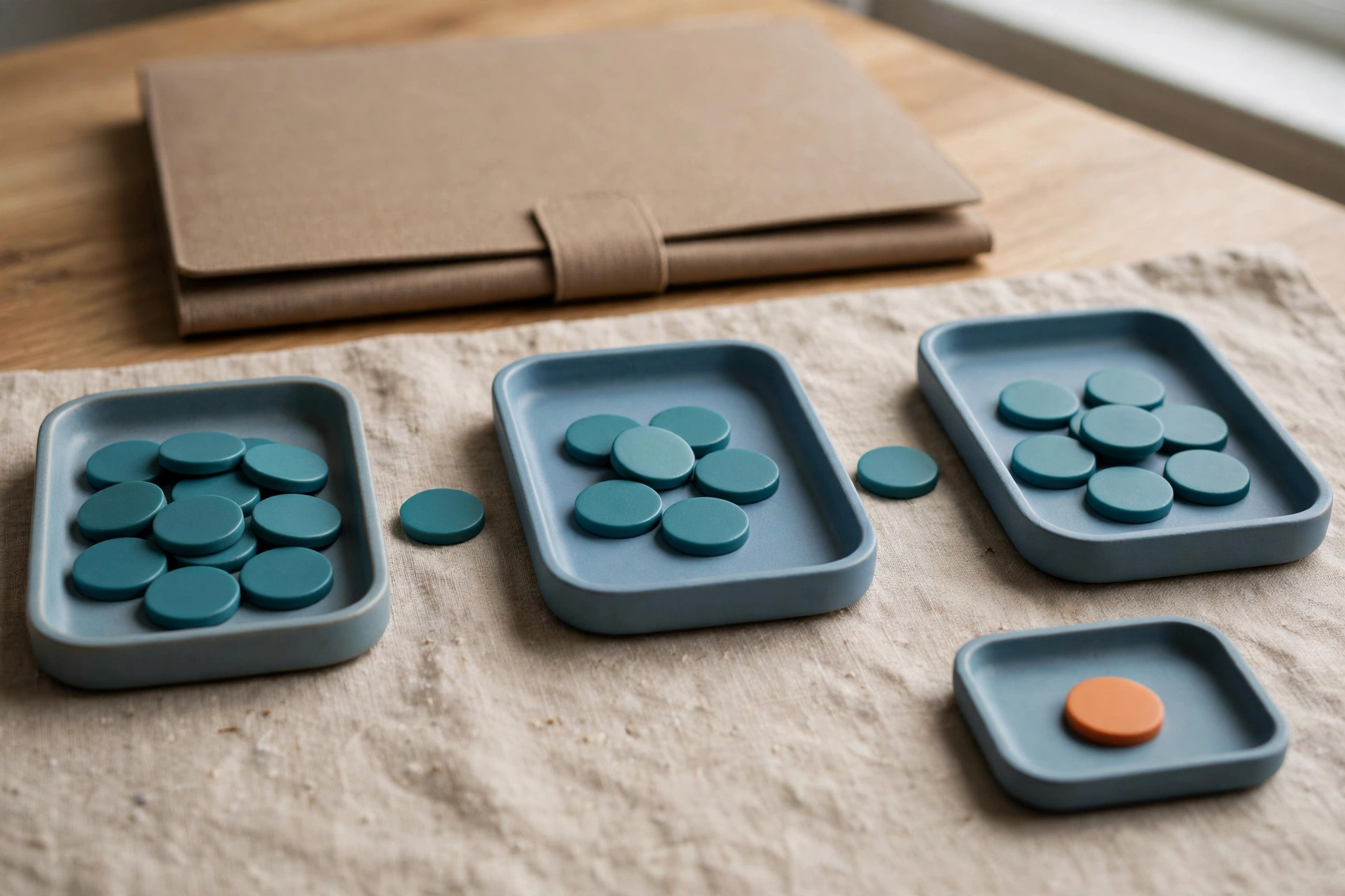Three blue trays with teal tokens in sequence and one orange token in a separate tray sit on a textured cloth with a closed brown folder behind.