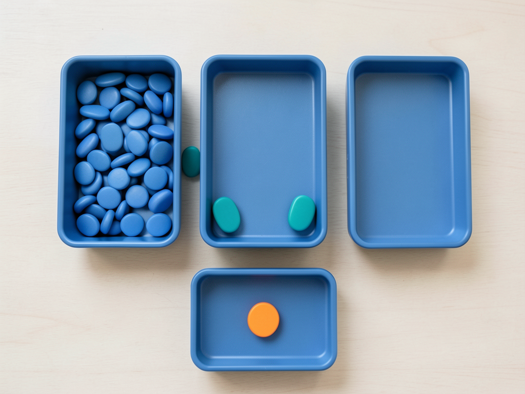 Three blue trays are arranged with blue tokens and teal transfer tokens, representing project handoff stages, with an orange token in a separate exception tray.
