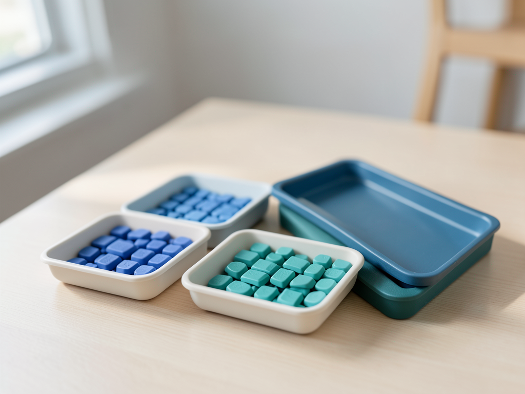 Three trays of tokens, two with separate blue and teal colors and one with a combined sequence, sit on a wooden table.