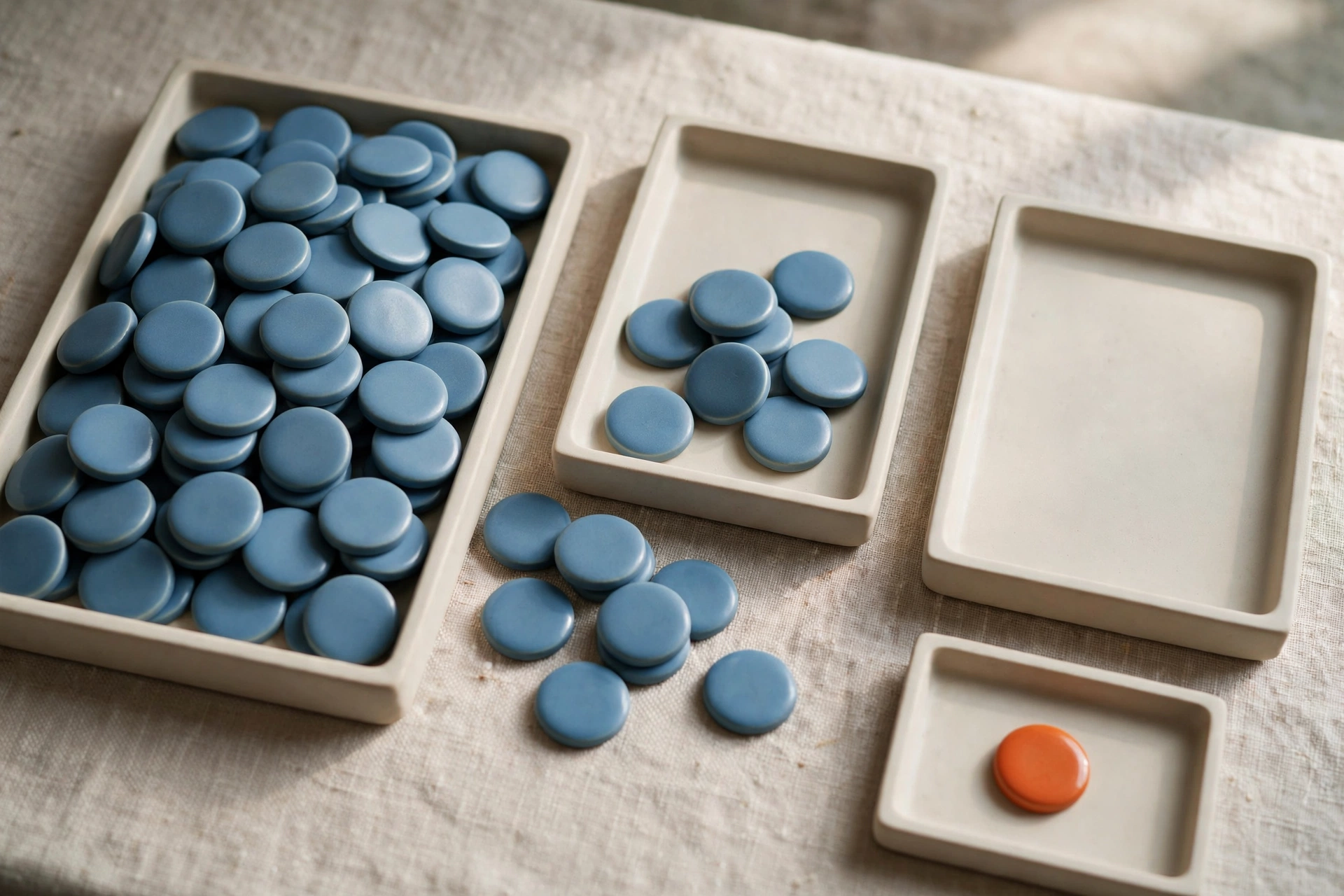 Three shallow trays hold blue ceramic tokens, with one tray containing an orange token, on a textured surface.