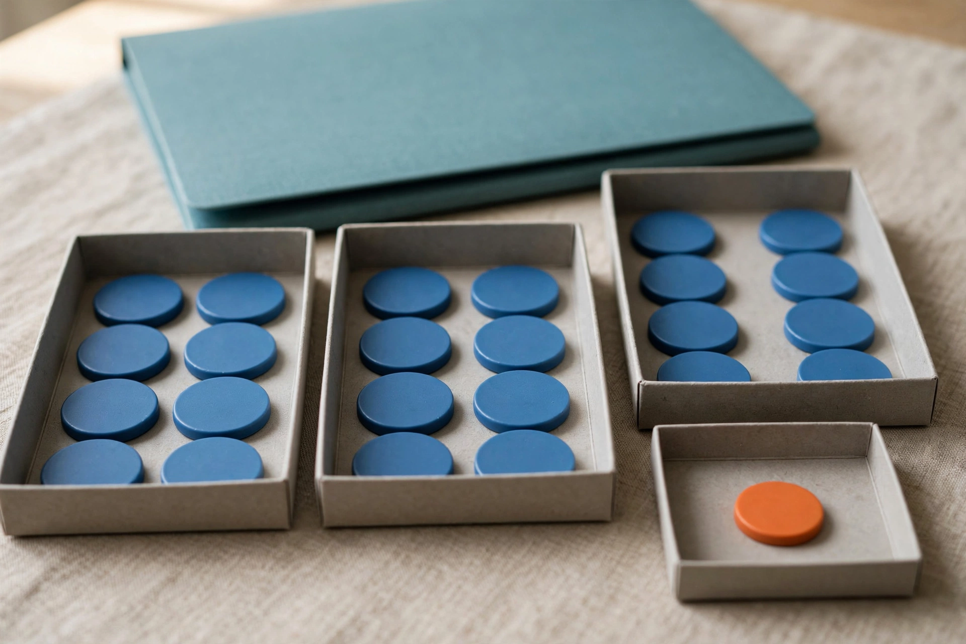 Blue tokens are distributed in three trays, and one orange token sits in a fourth tray, with a teal folder behind.