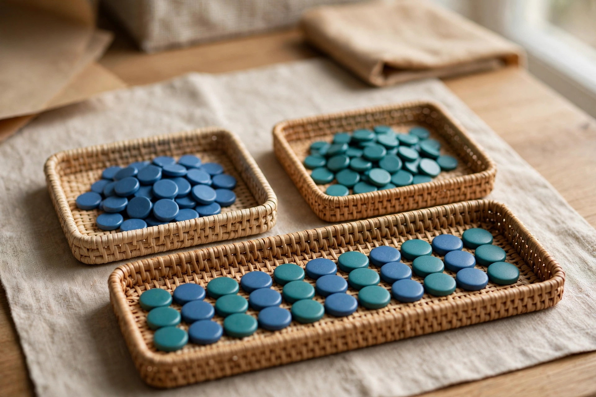 Three woven trays on a table, two with separate piles of blue and teal tokens, and one with a neat sequence of both colors, symbolizing data integration.