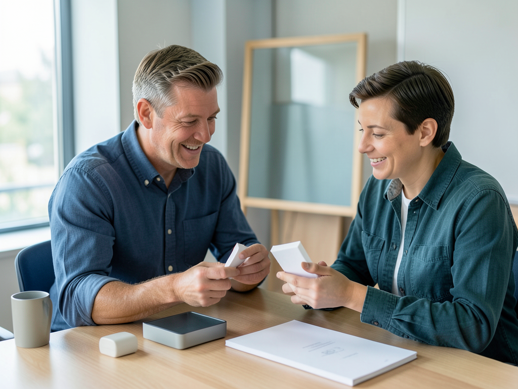 A man and a woman smile while reviewing small white boxes at a table in an office.