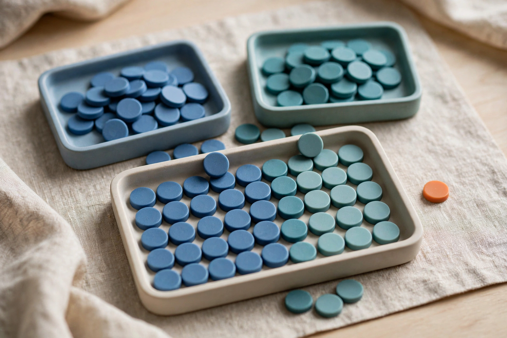 Two shallow trays of blue and teal tokens converge into a single larger tray, with an orange token nearby.