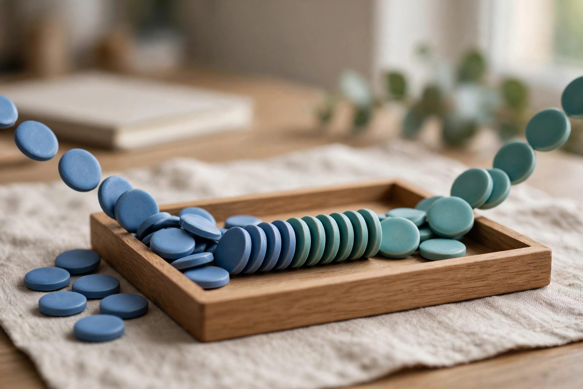 Two streams of blue and teal ceramic tokens converge into a single ordered row within a wooden sorting tray on a desk.