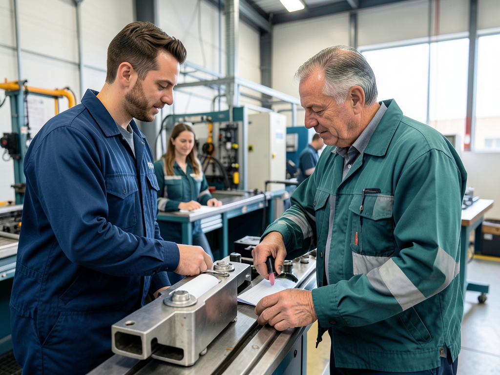 Two men and a woman in a factory work cell inspect a metal component and paperwork.