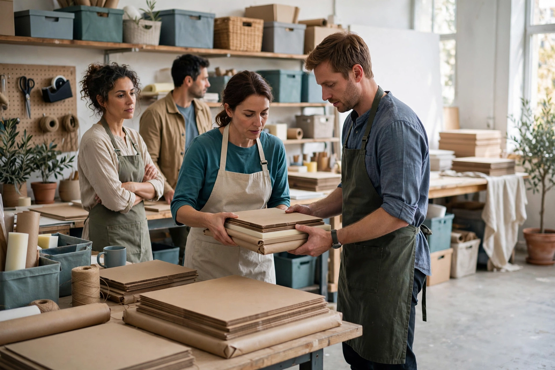 A man and two women in a studio coordinate a physical handoff of stacked materials.