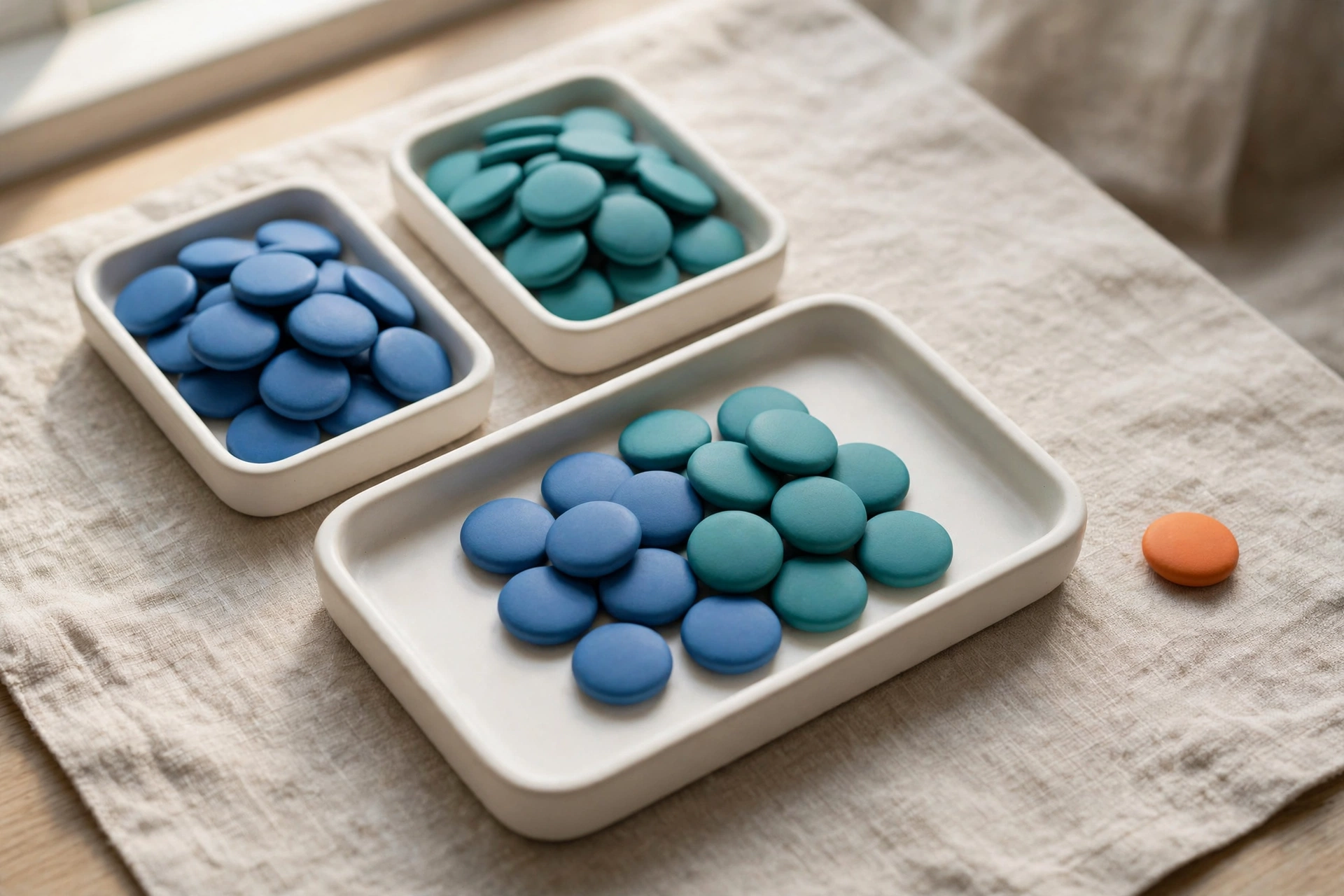 Two white trays of blue and teal tokens converge into a larger tray, with a single orange token beside it on a textured cloth.