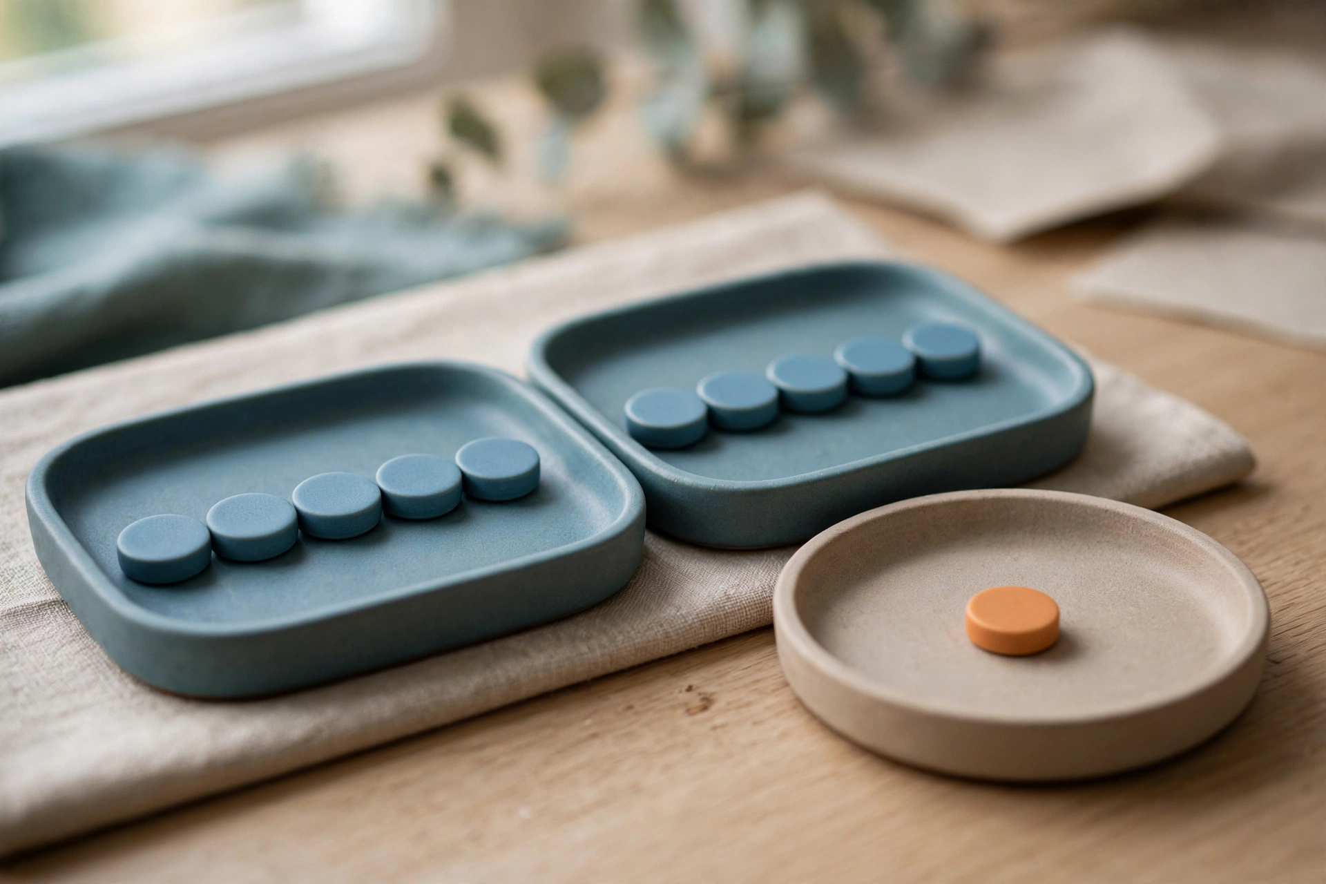 Two blue ceramic trays hold matching blue tokens, while a third tray holds a single orange token.
