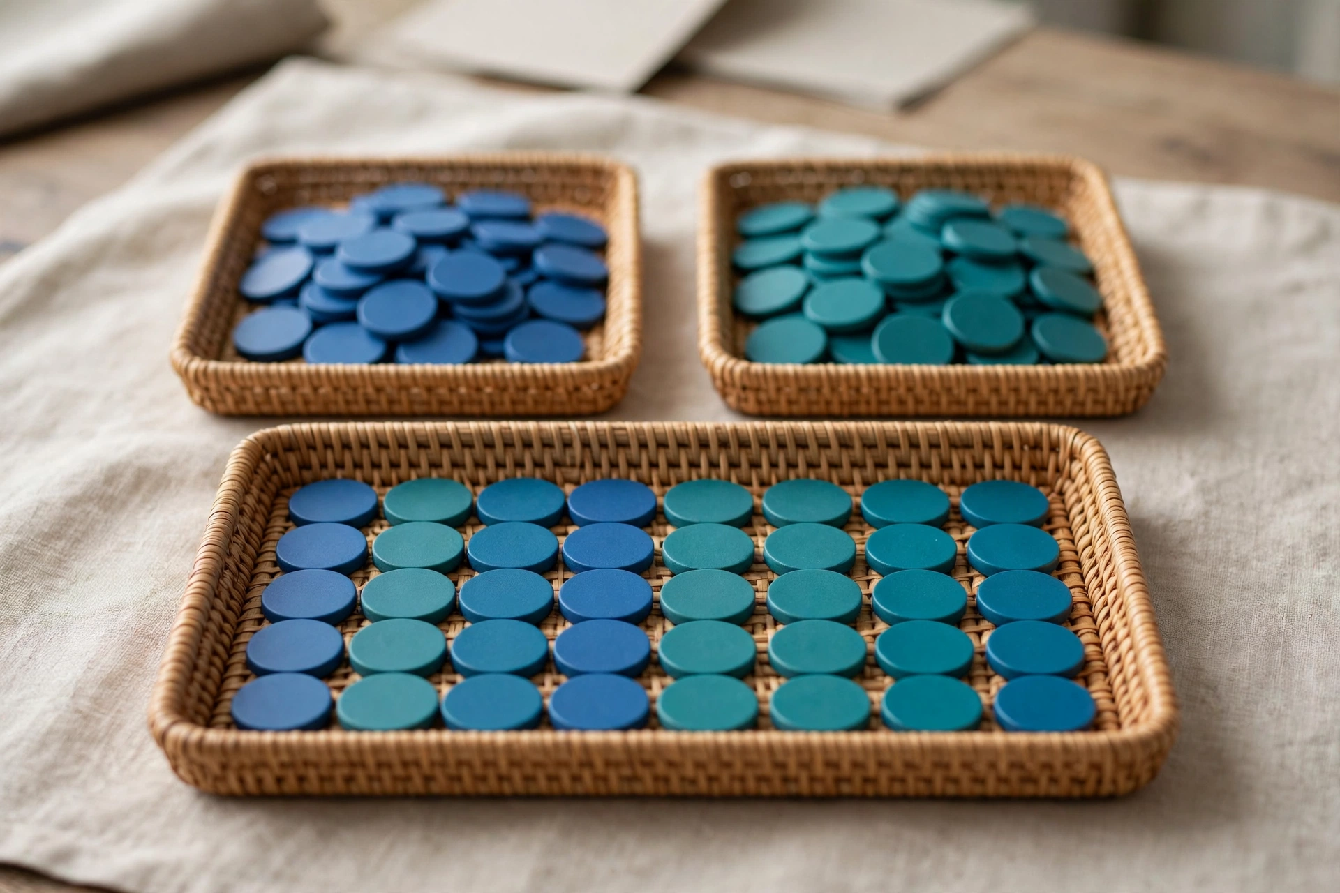 Two small woven trays hold blue and teal tokens, with a larger tray in front containing a neat sequence of both colors.