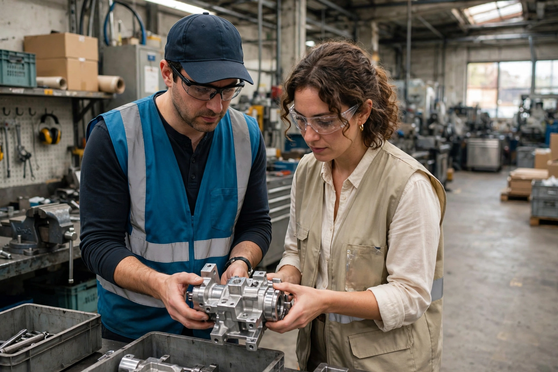A man wearing a blue vest and a woman wearing a tan vest inspect a metal component in a factory.