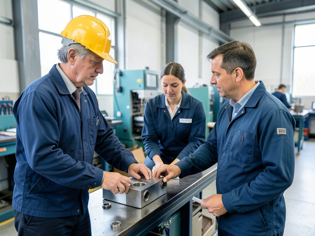 Three manufacturing professionals in a factory work cell inspect a metal component on a workbench.