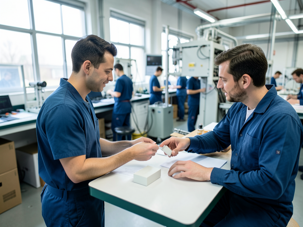 Two men in blue work uniforms compare small white sample parts at a table in a manufacturing facility with machinery in the background.