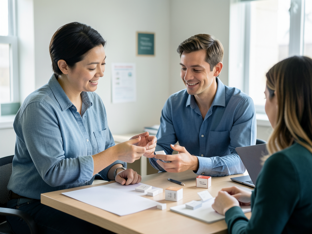Three colleagues sit at a table, examining small white boxes and papers during a collaborative meeting.