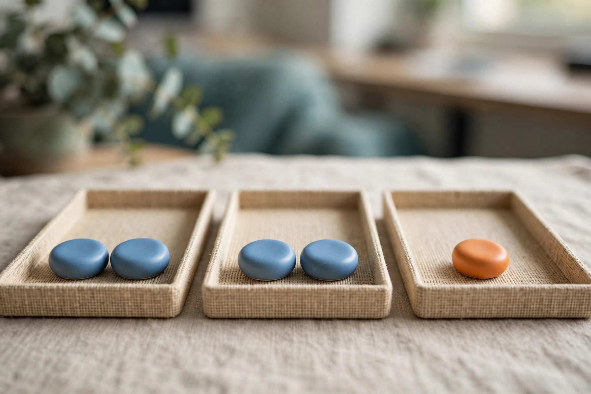 Three shallow office sorting trays on a desk, two with blue tokens and one with an orange token, with a blurred background.