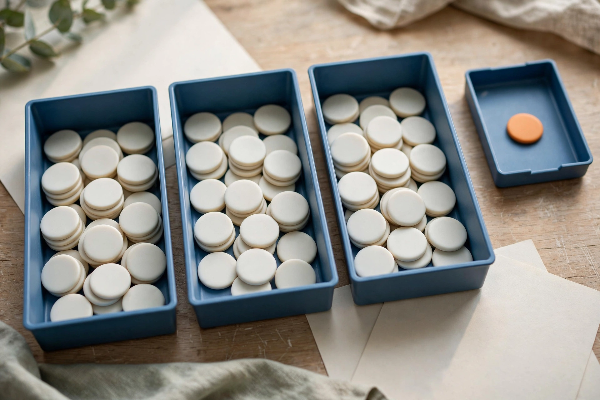 Three blue trays of white tokens are arranged next to a fourth blue tray containing a single orange token on a wooden surface.