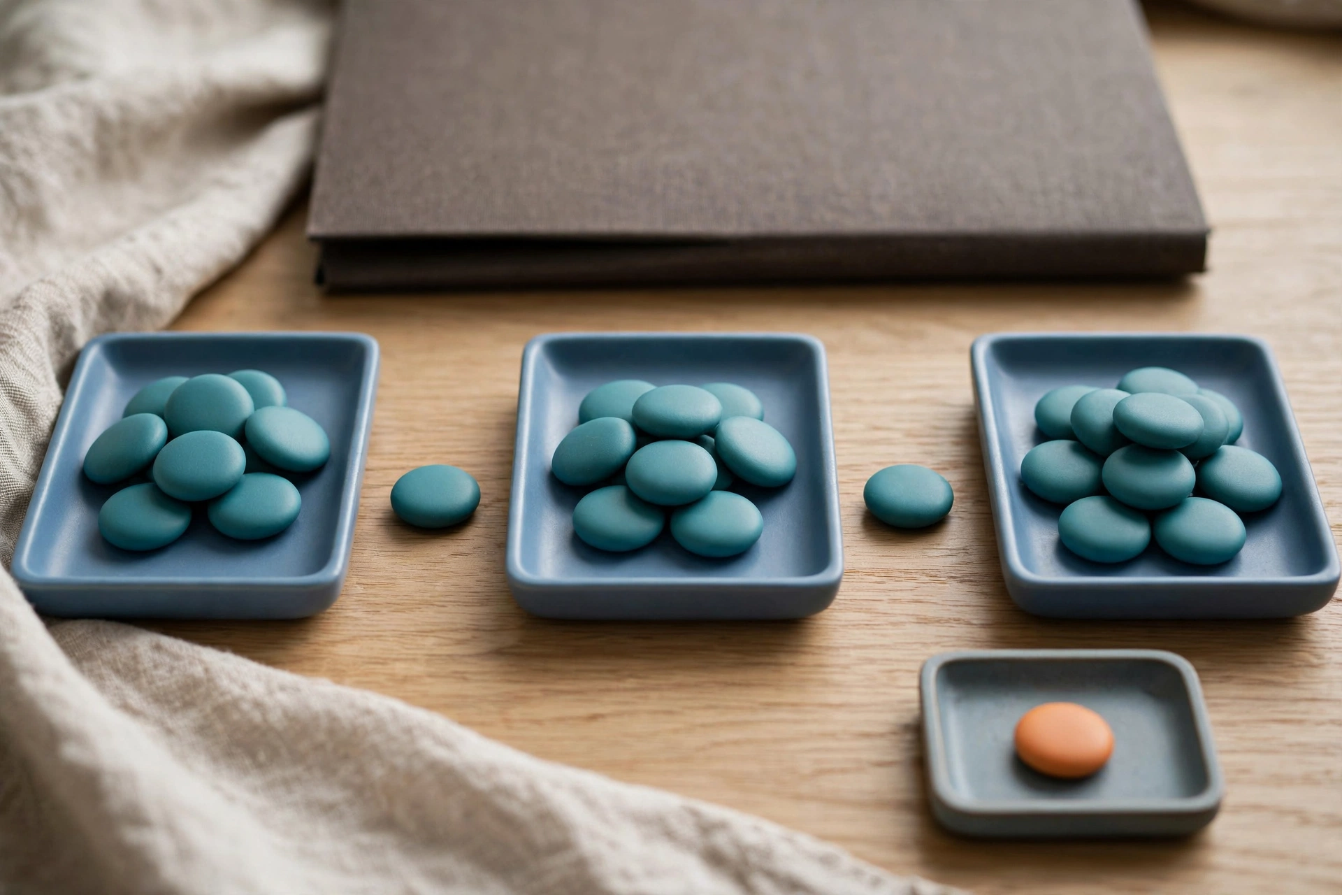 Three blue trays with teal tokens arranged left to right, with a single orange token in a small tray to the right.