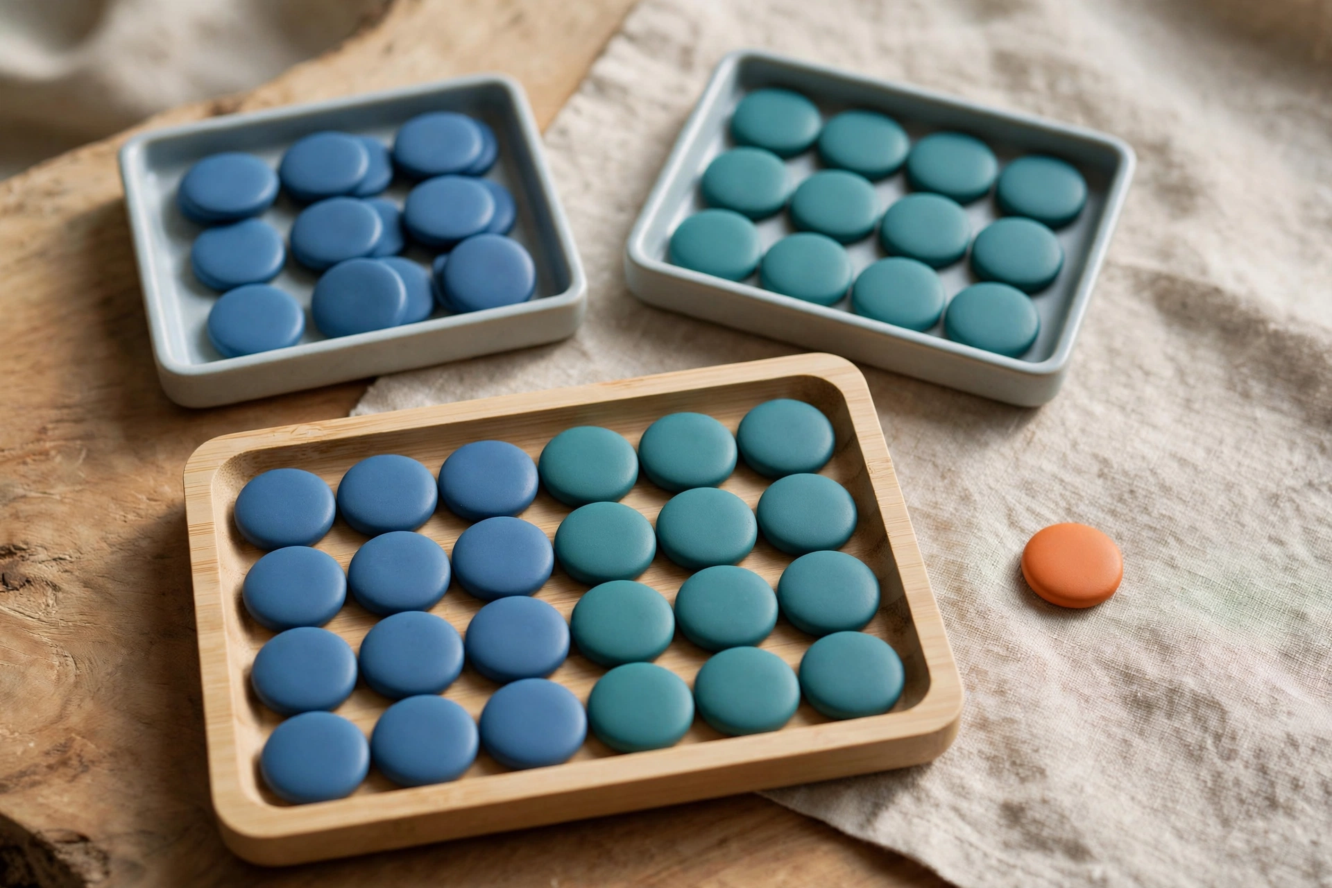 Two trays of blue and teal tokens converge into a larger tray, with one orange token isolated beside it on a neutral cloth.