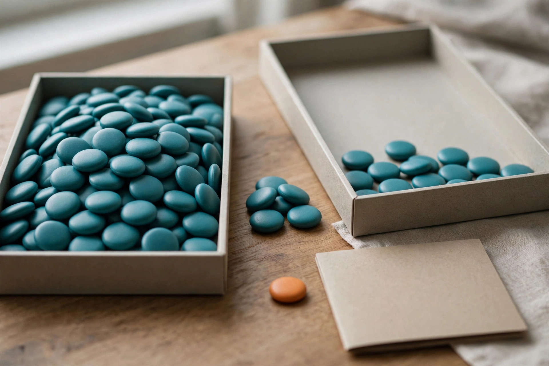 Teal tokens fill one tray while another is partly empty, with a small group of tokens between them and an orange token near a folder.