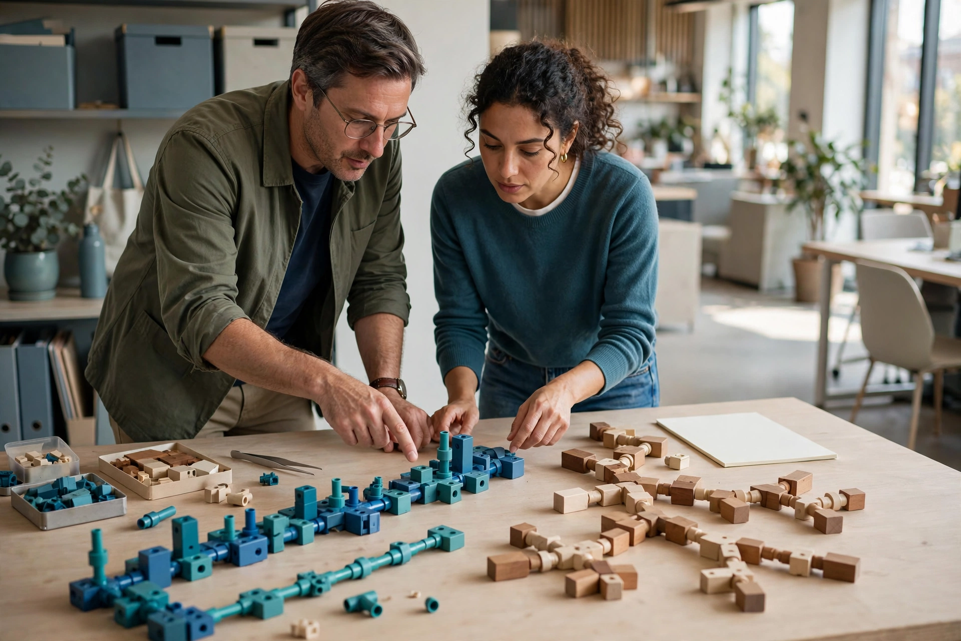 A man wearing glasses and a green jacket points to building blocks on a table while a woman in a teal sweater looks on.