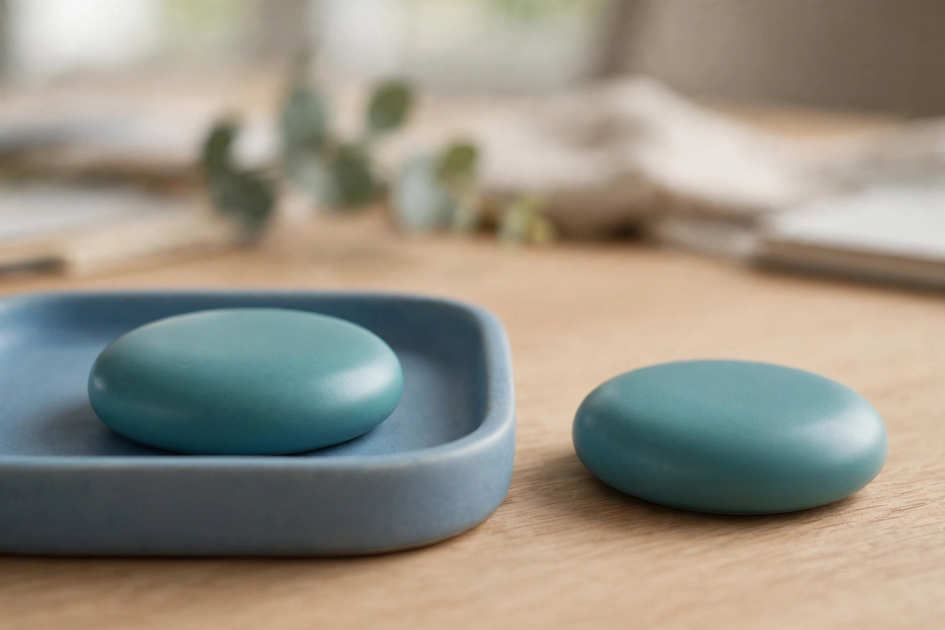 Two identical teal discs are shown on a wooden desk; one disc rests in a blue tray, while the other sits separately beside it.