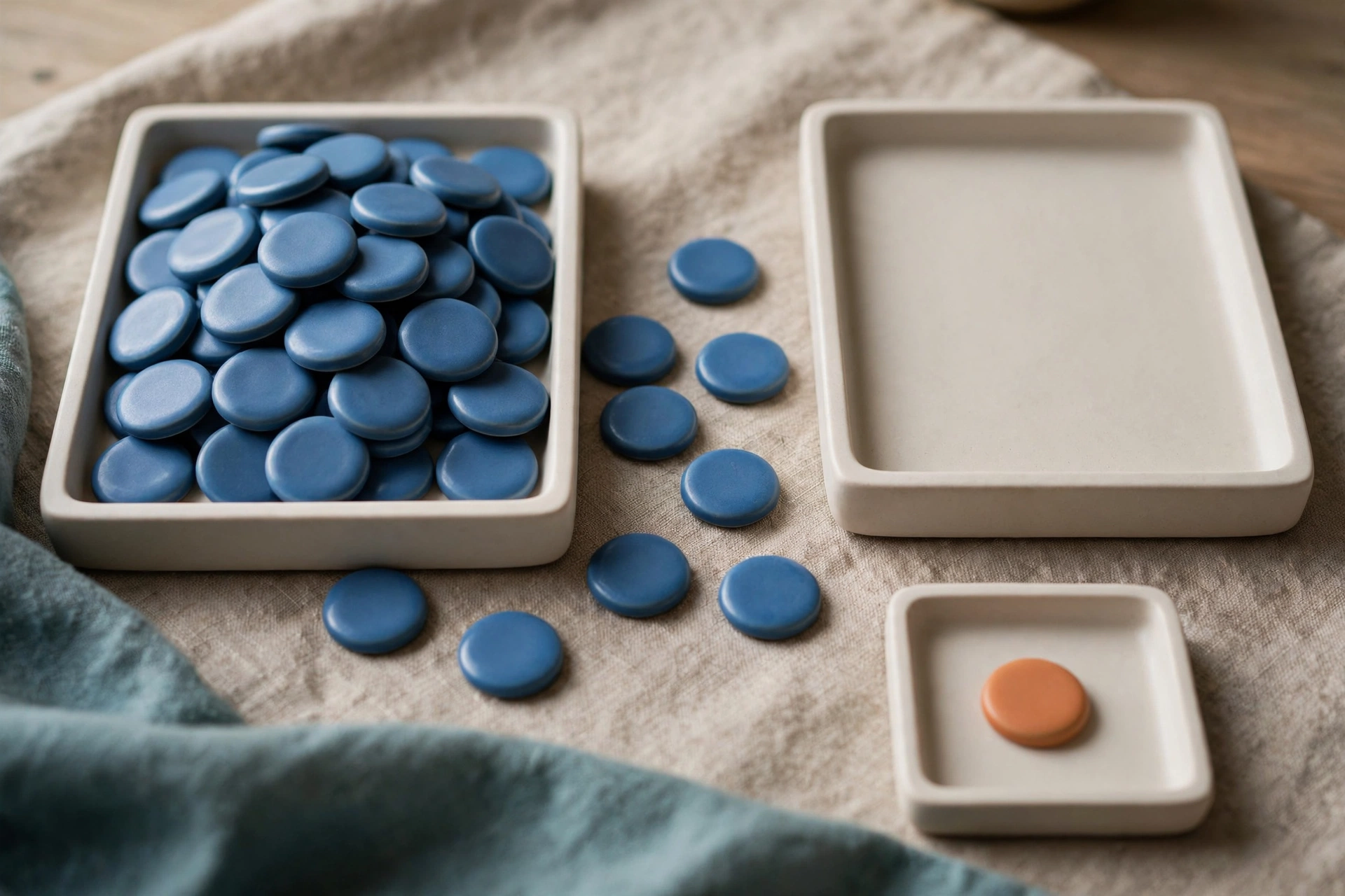 Three shallow trays hold blue ceramic tokens, with one tray empty and an orange token in a separate small tray.