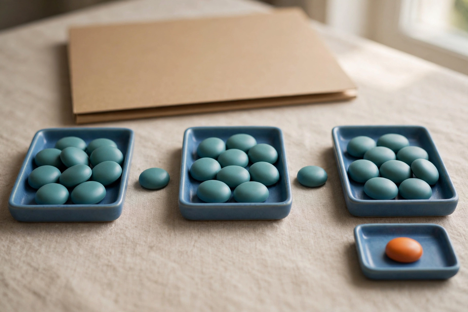Three blue trays with teal tokens in a sequence, a separate tray with an orange token, and a closed folder behind.