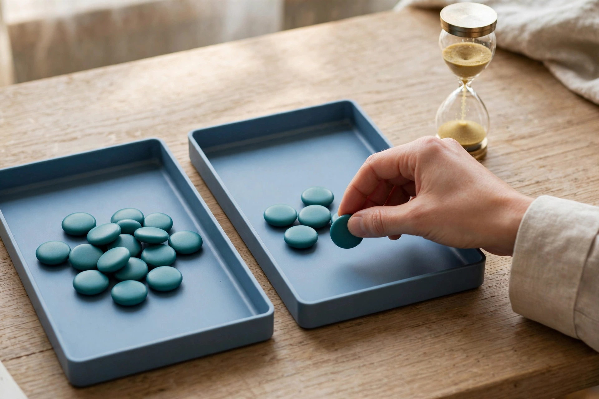 A hand moves a teal token from a left tray to a right tray next to a flowing hourglass on a wooden desk.