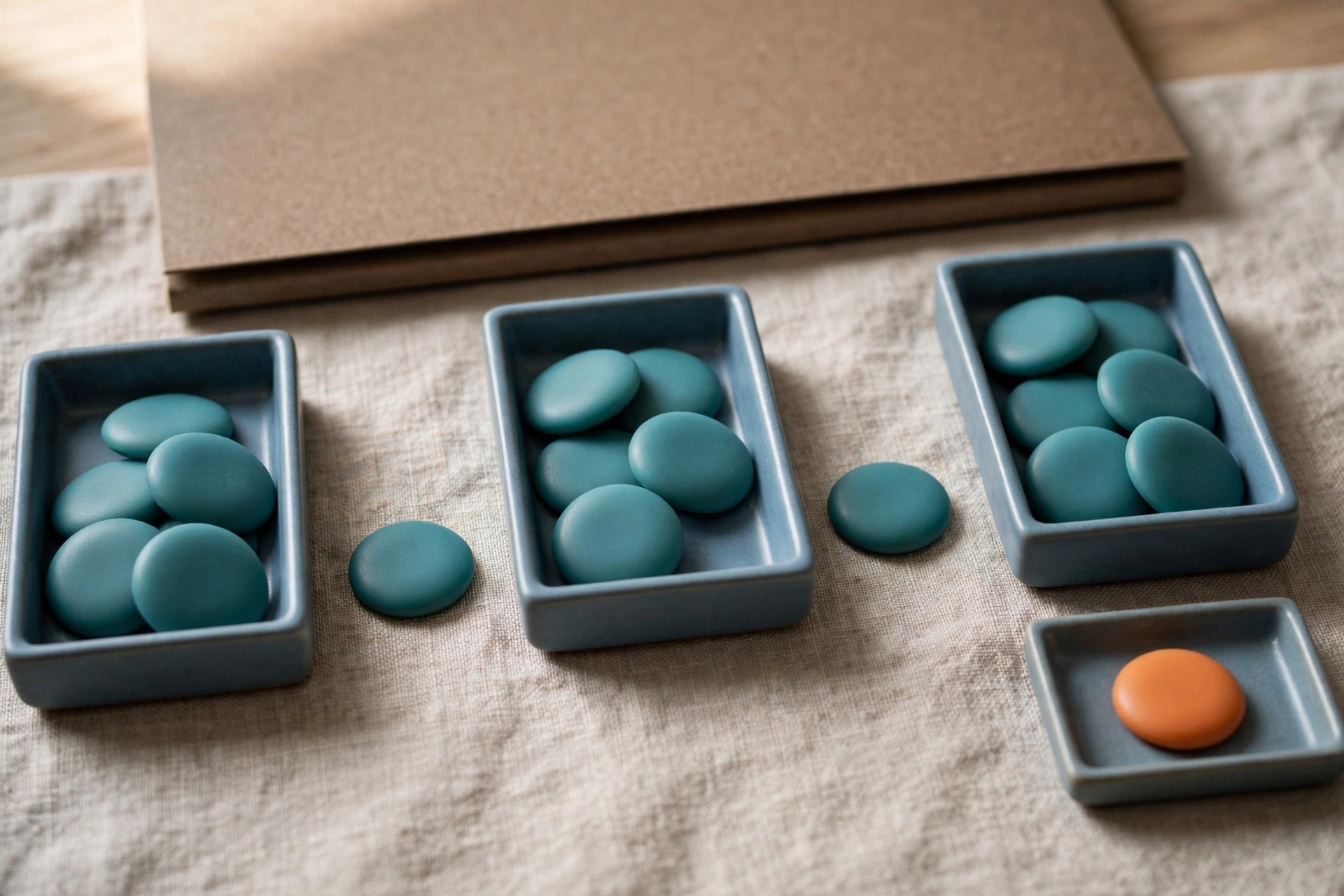 Three blue trays with teal tokens in a sequence and a separate tray with an orange token are arranged on a textured cloth with a closed brown folder behind.