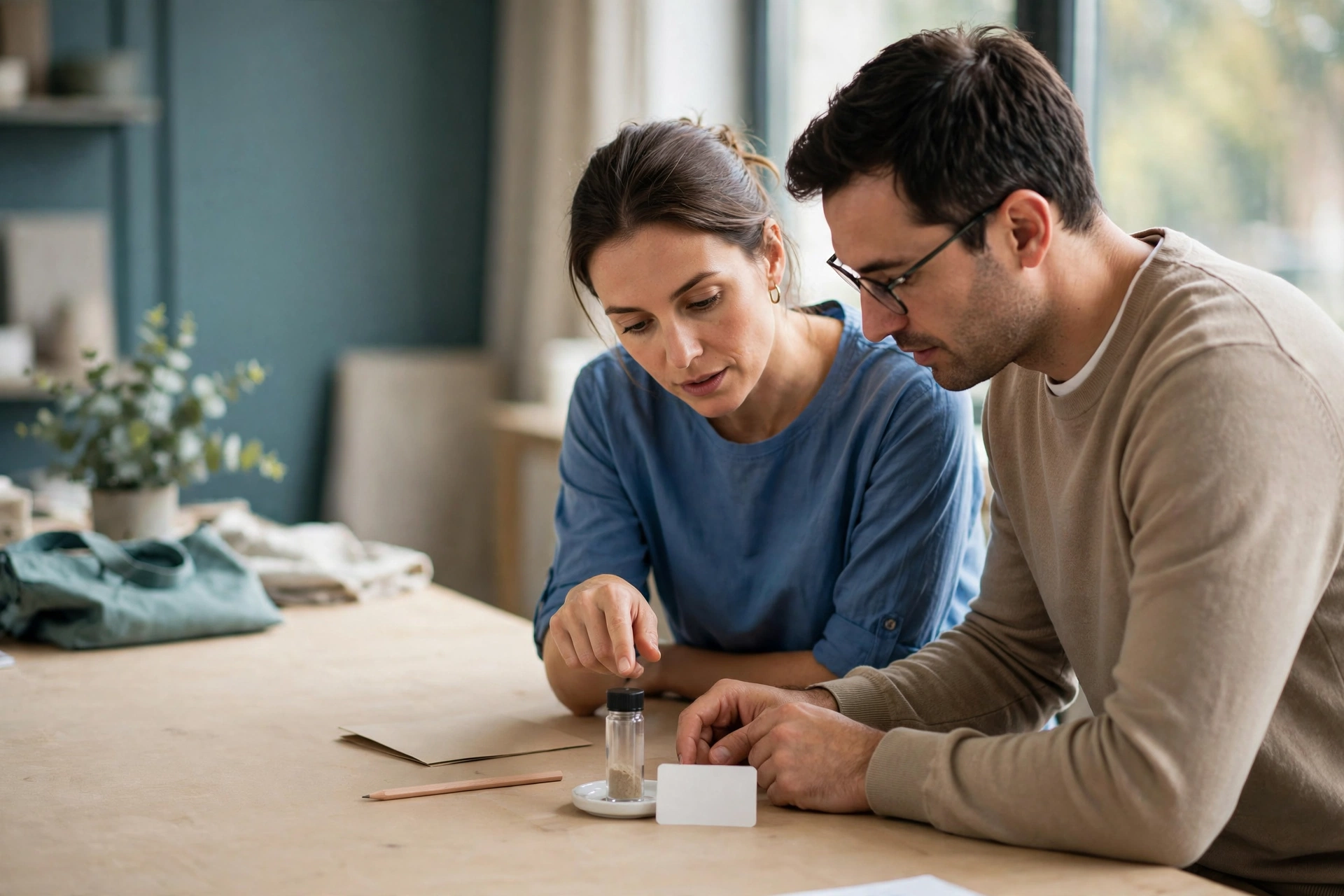 A woman in a blue shirt and a man in a tan sweater look down at a small vial and a white card on a wooden table.
