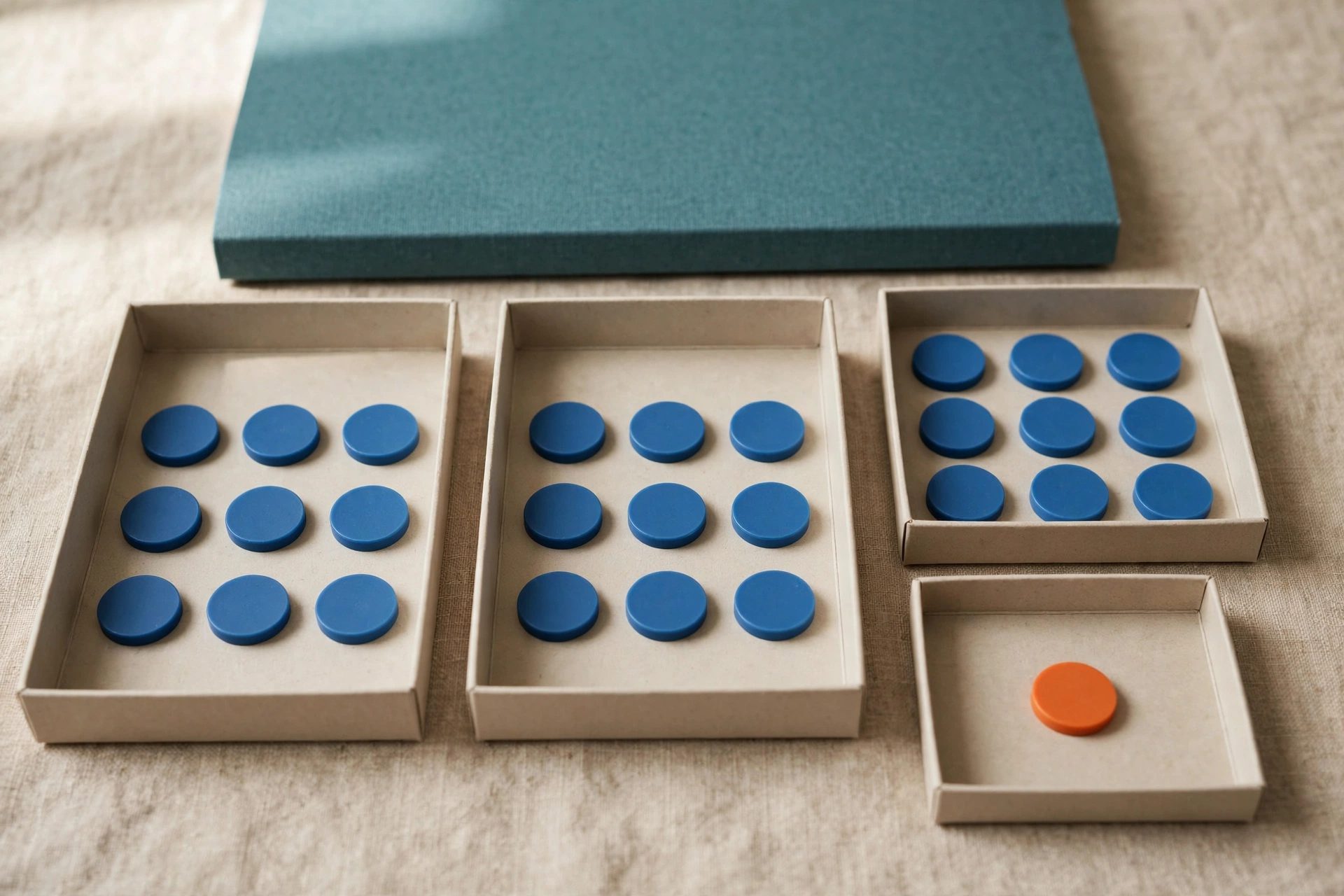 Blue tokens are distributed across three trays, with one orange token isolated in a separate tray, and a teal folder behind.