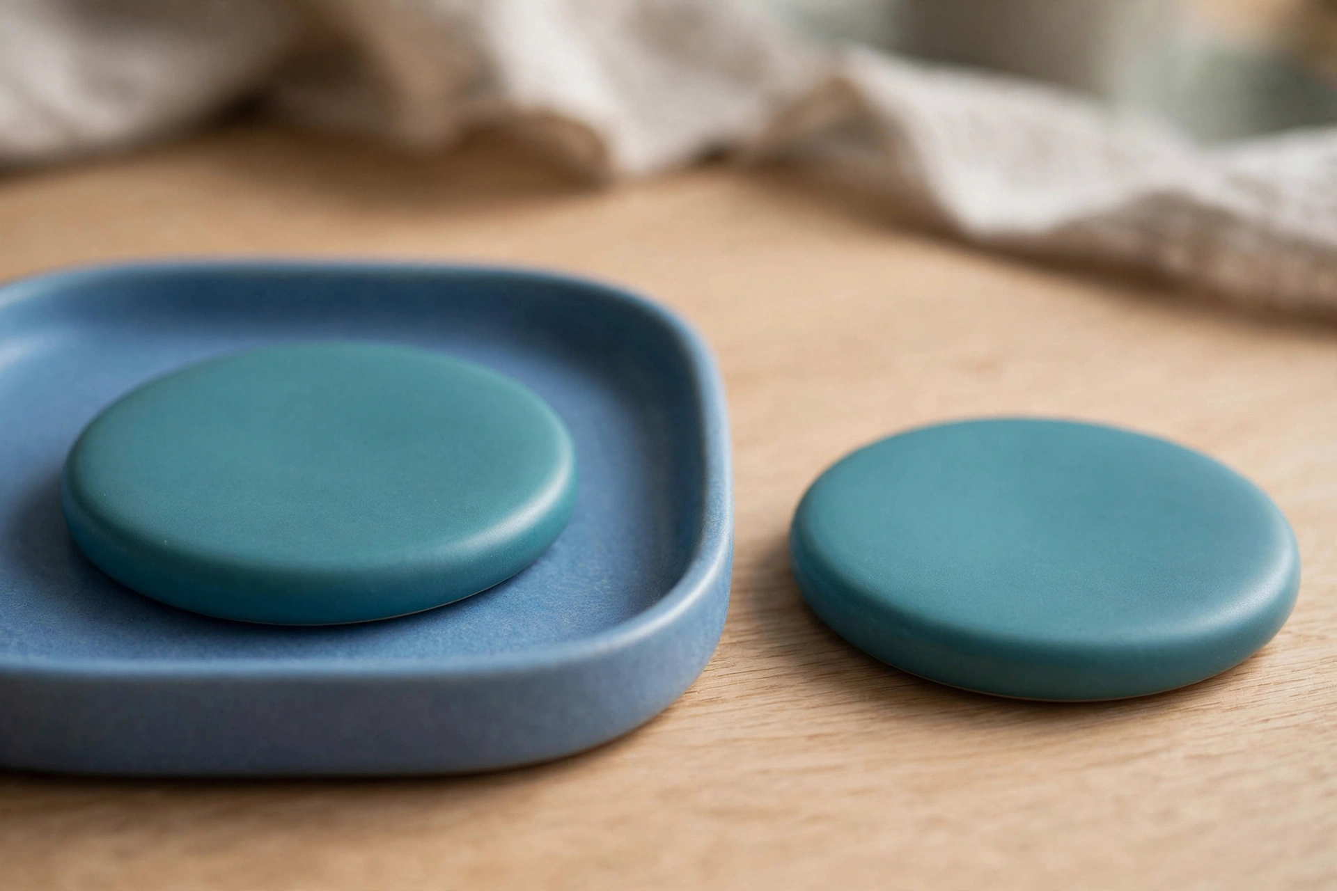 Two identical teal ceramic discs are shown side by side on a wooden surface, with one disc placed inside a blue tray.