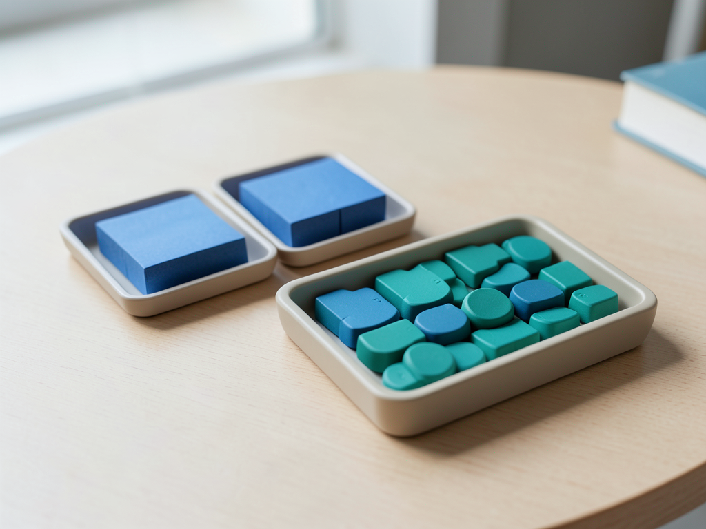 Two small trays of blue and teal tokens are combined into one larger tray on a wooden table.