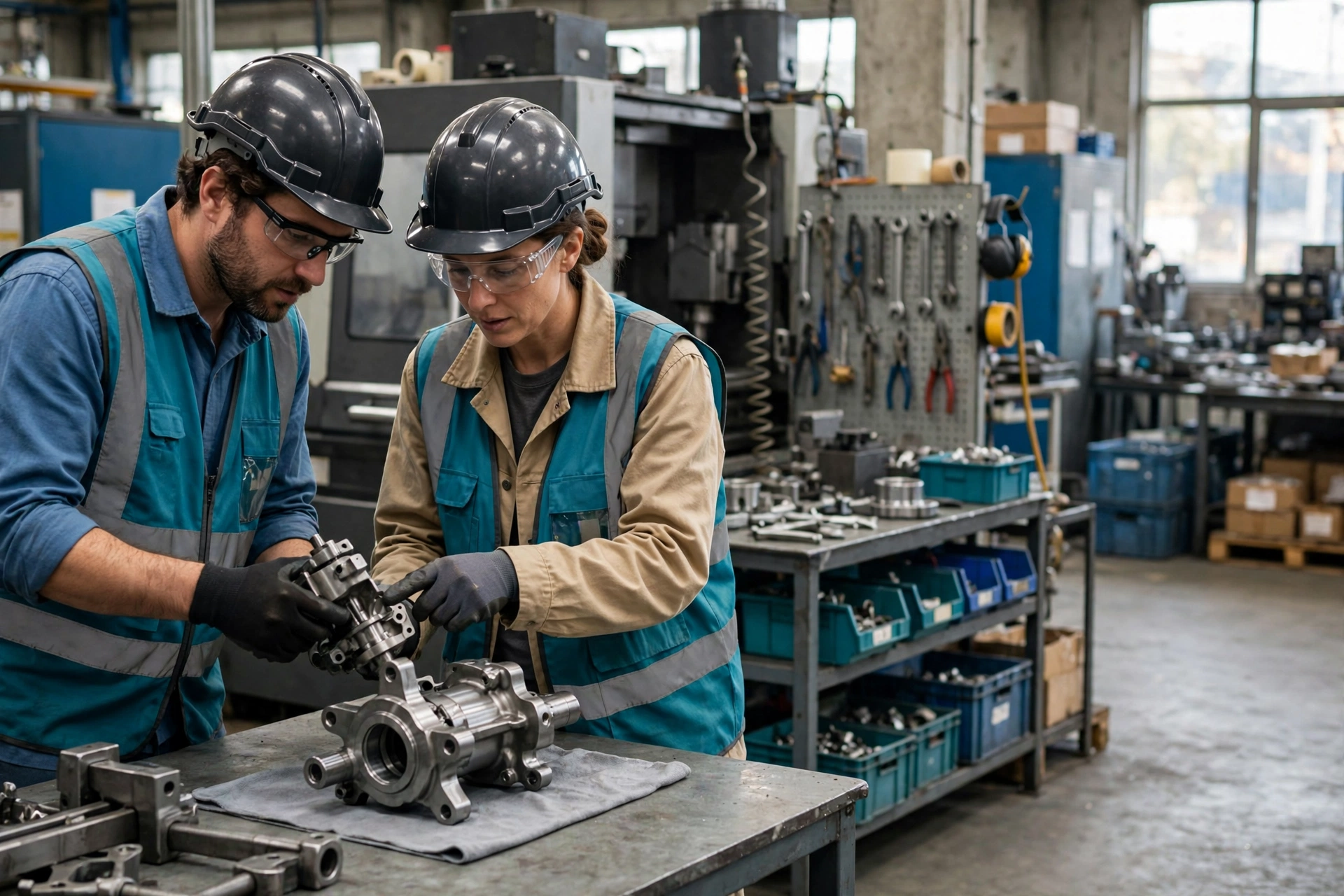 Two workers wearing hard hats and safety vests inspect a metal component at a workbench in a factory.
