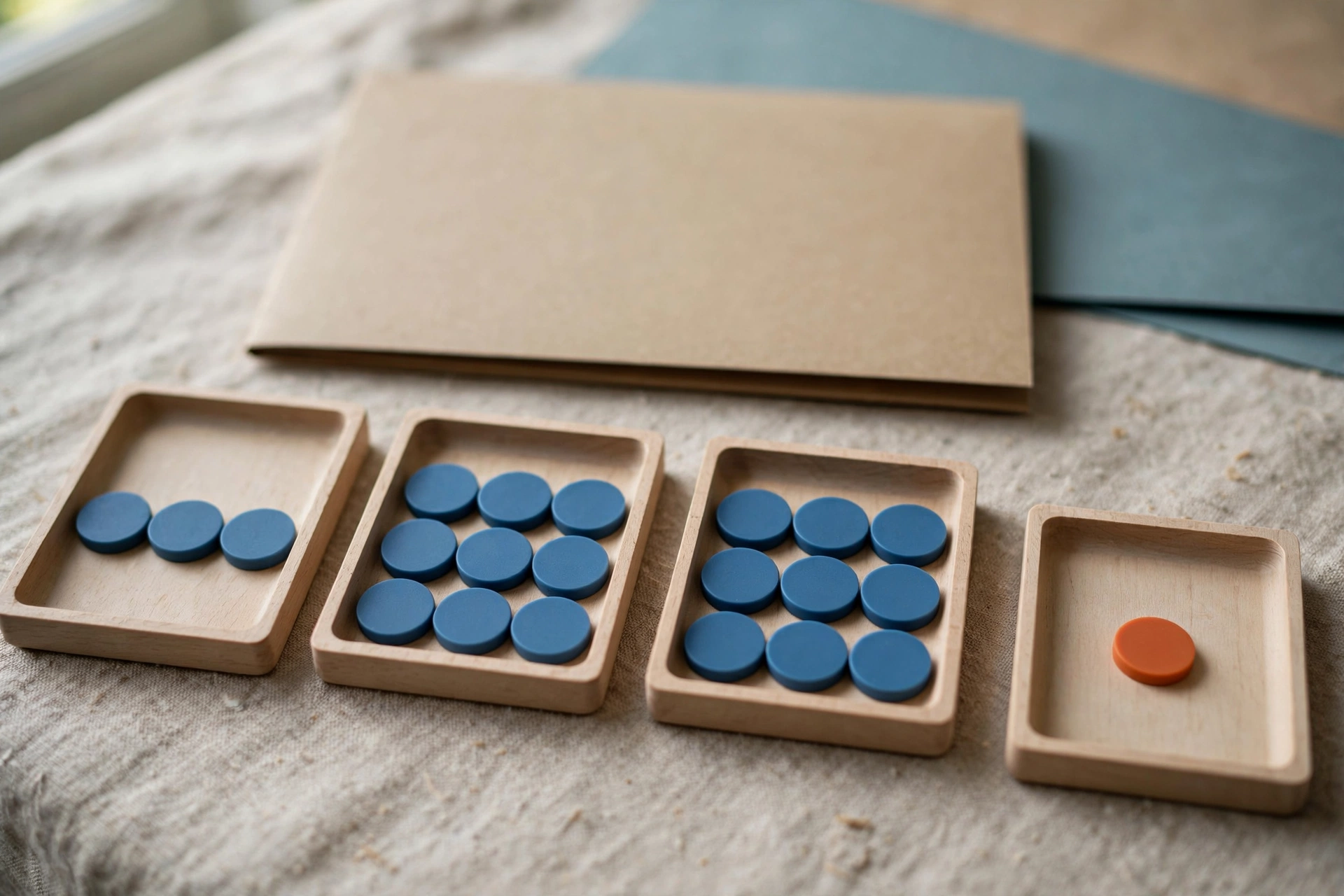 Four wooden trays with blue tokens arranged in progression, and a fourth tray with a single orange token, sit on a textured cloth with a folder behind.