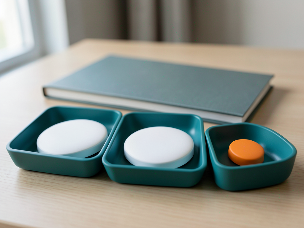 Three teal sorting trays with blank tokens and a closed folder are arranged on a wooden desk.