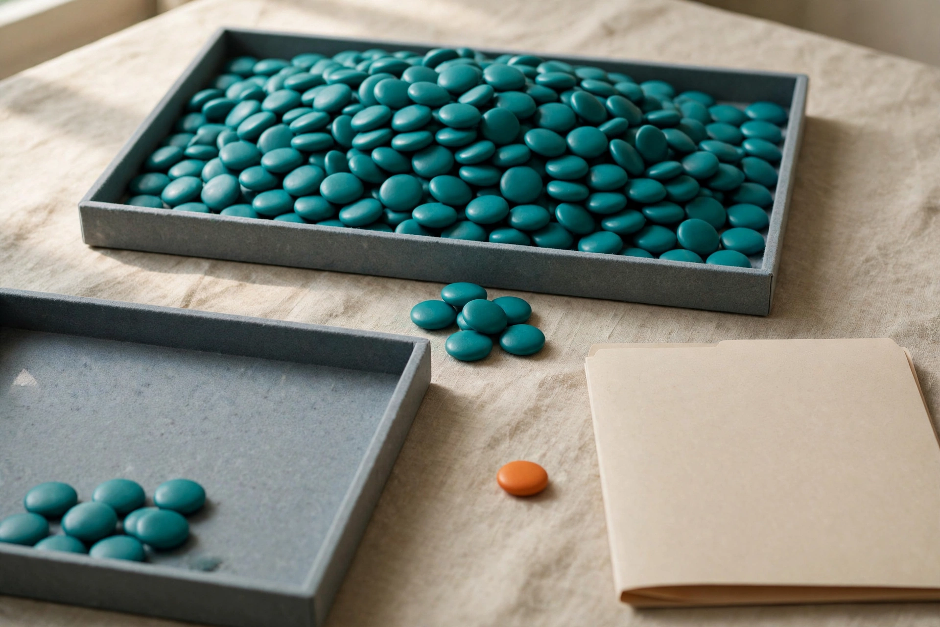 Teal tokens fill one tray, with a few in another, and an orange token sits near a closed folder.