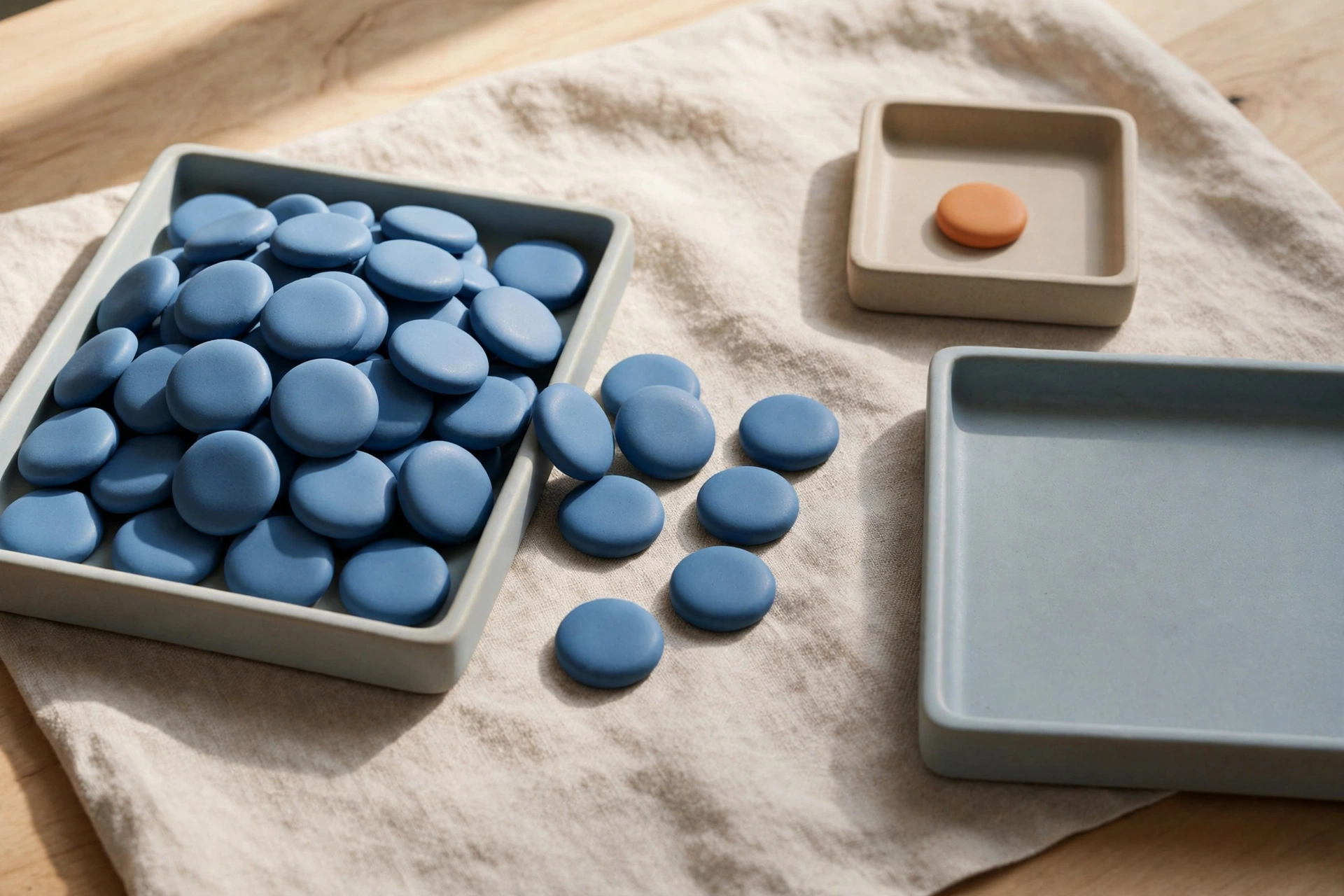 Three shallow trays hold blue tokens, with one small tray holding a single orange token, arranged on a textured cloth.