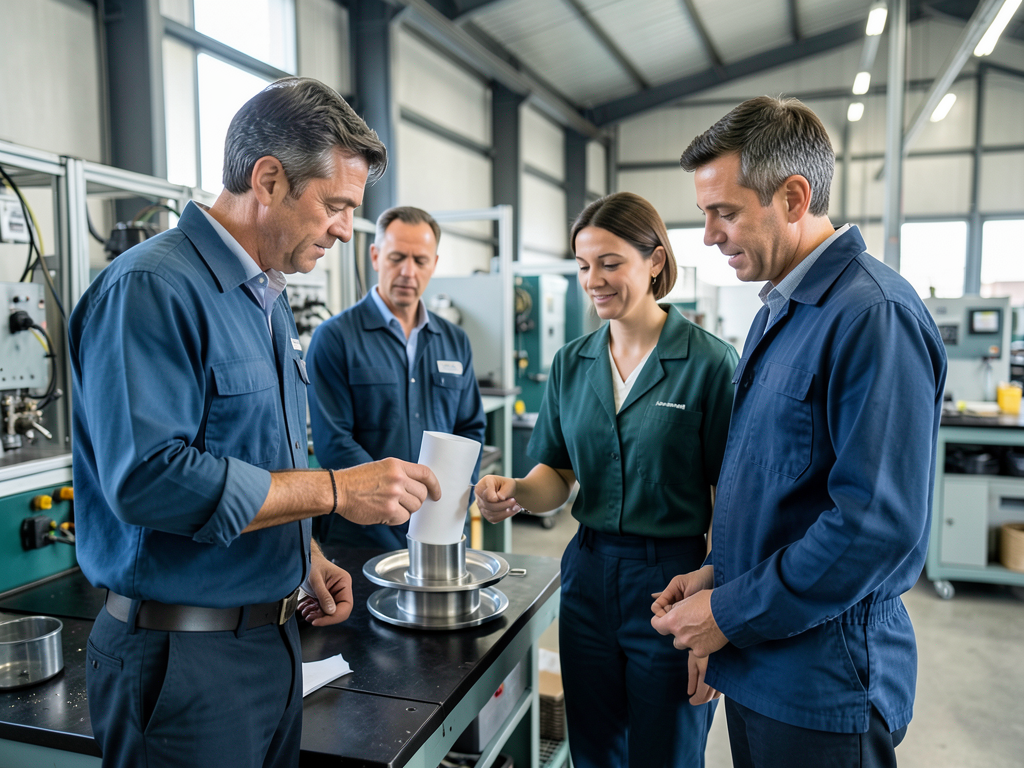 Four colleagues in a factory work cell inspect a metal component while standing at a workbench.