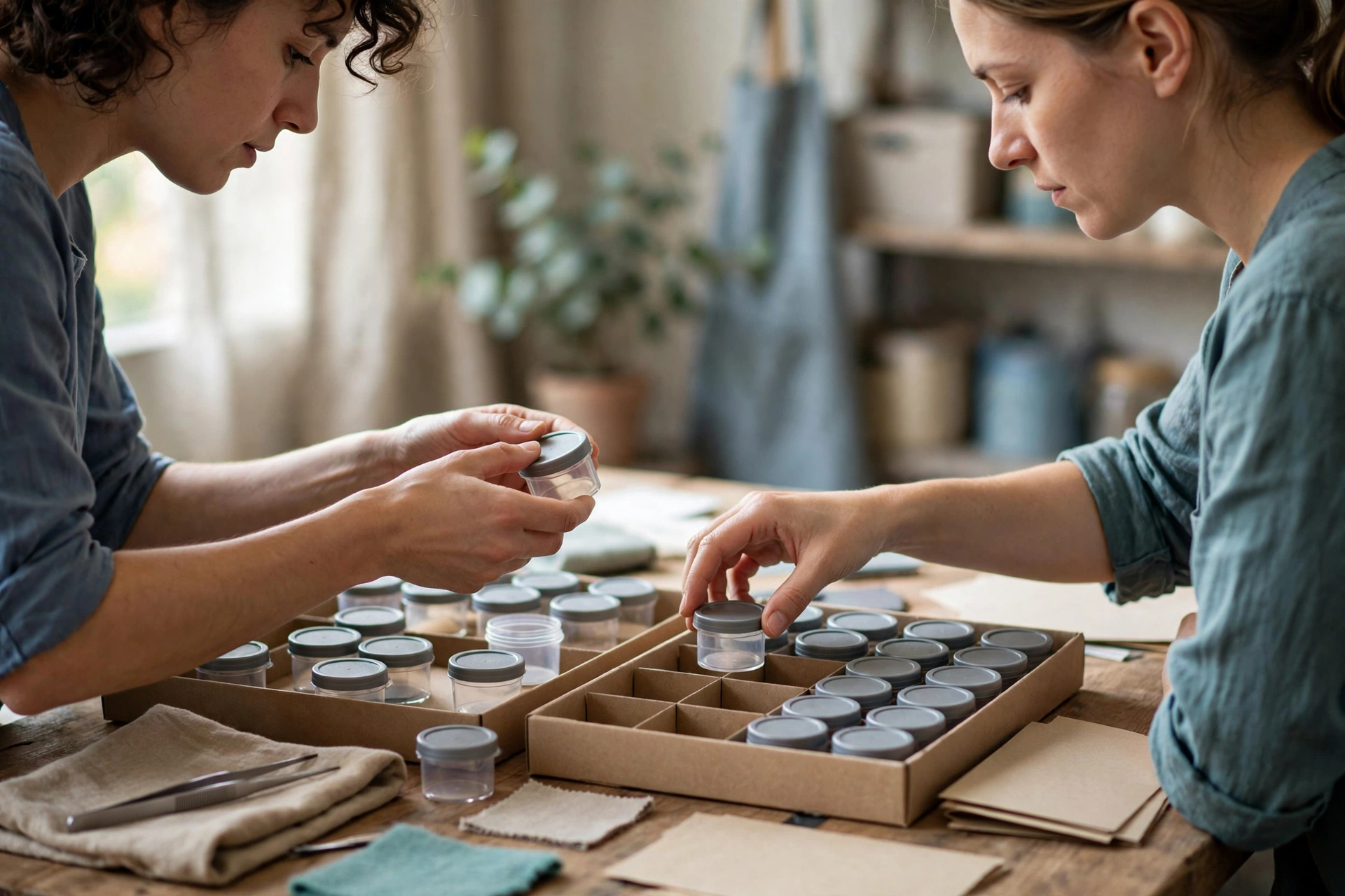 Two colleagues are focused on preparing small samples in a studio setting.