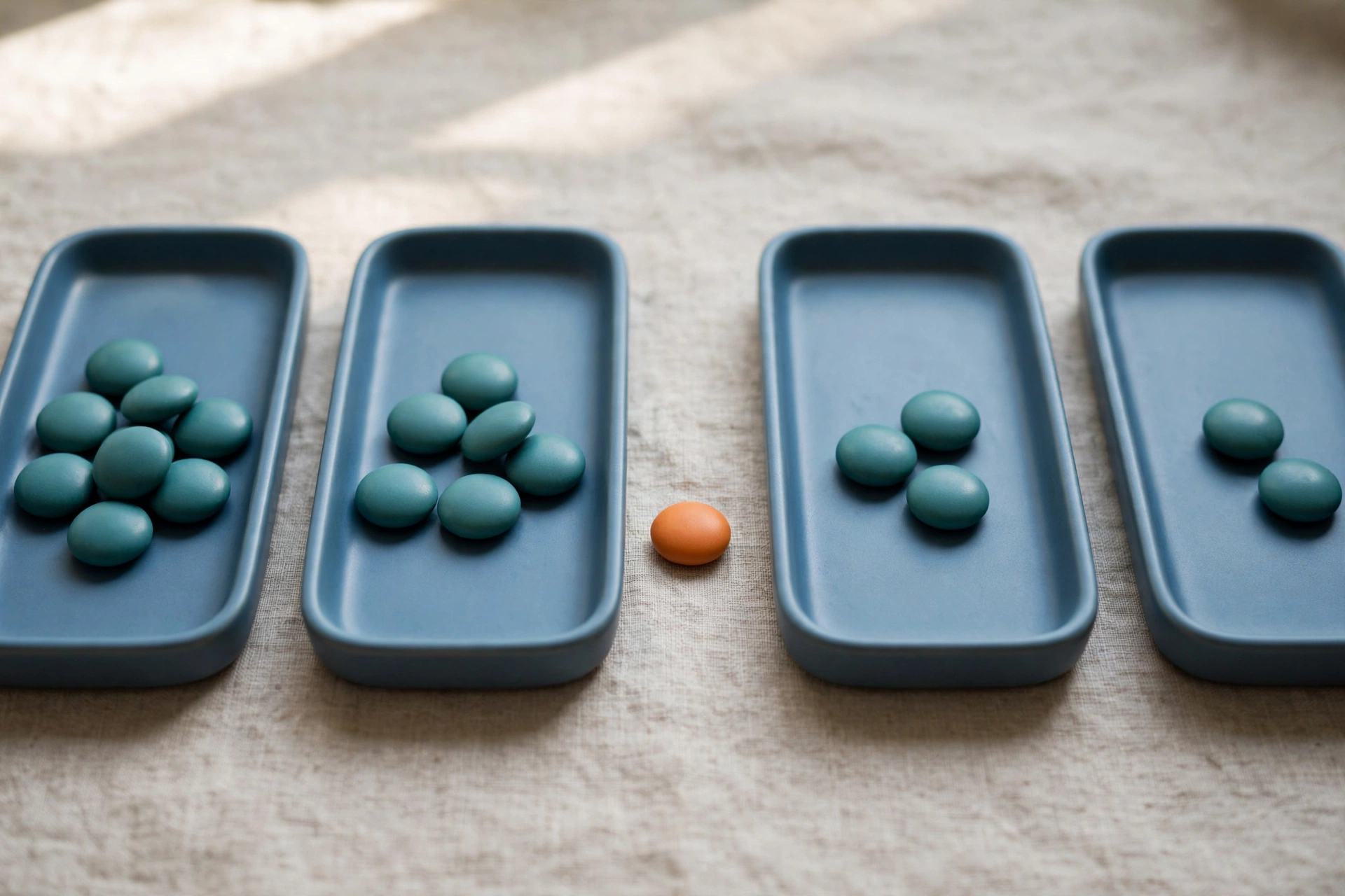 Four blue trays with teal tokens and one orange token arranged on a textured surface.