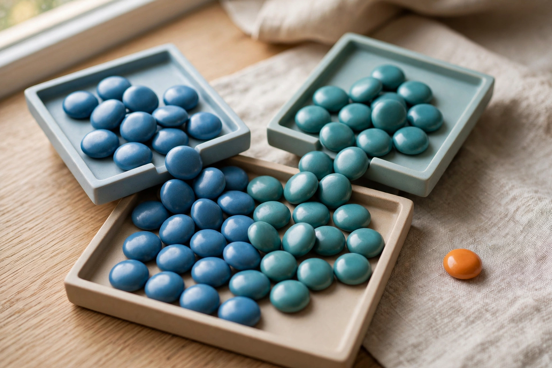 Two square trays of blue and teal tokens are shown converging into a single larger tray, with one orange token isolated to the side.