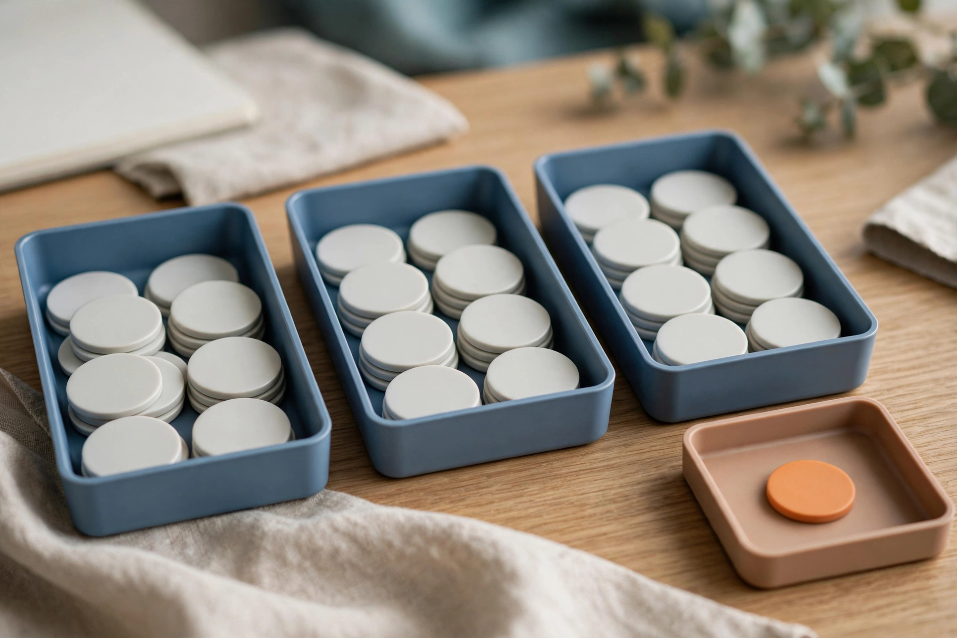 Three blue trays of white tokens and a brown tray with one orange token are arranged on a wooden desk.